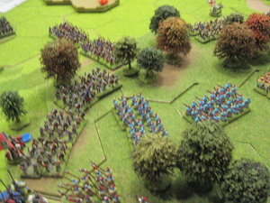 The English foot soldiers force the Korean infantry back through the woodland.