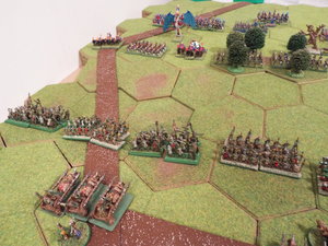 Orc forces gather on the far left flank, but do not yet move to cross the defile