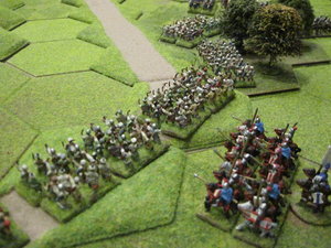 Hungarian bowmen await the mongol attack with heavy cavalry and a general in support