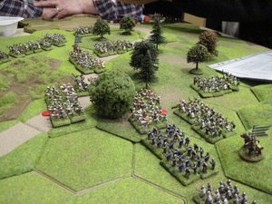 Shooting from the Yorkist longbow disrupts and holts the Hungarian advance.