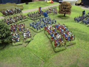 The English longbow line is broken and vulnerable to a charge by the French knights