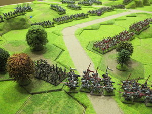 The Yorkists shift their cavalry to the left wing behind their line of retinue longbow.