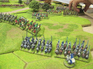The Lancastrian heavy horse await the Yorkist assault. The Irish attack the woodland.