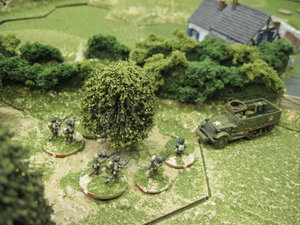 British infantry occupy a wood adjacent to the road.