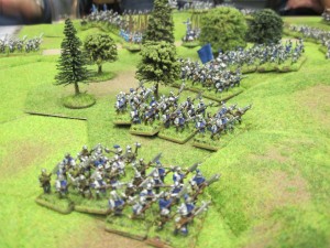 Yorkist bill units advance in column to face the Yorkist longbow