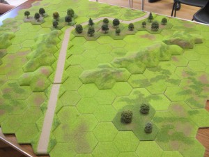 The Teutonic commanders won the die roll for choice of table edge and chose the side with the extended strip of woodland