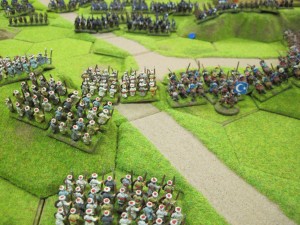 A battle about to commence in the centre as the British cavalry and chariots prepare to charge