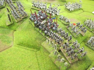 A unit of Yorkist mounted men at arms breaks into the line of crossbows, only to be attacked by Teutonic knights