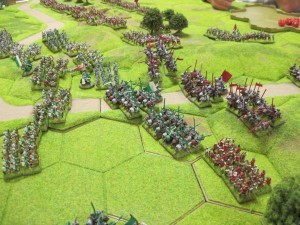The Tudor cavalry and billmen advance to engage the Yorkist heavy cavalry