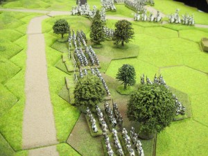 The Teutonic crossbows and spearmen win the race for control of the woods and roads to form a defencive line along the wood