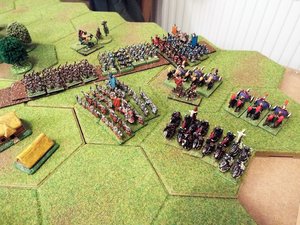 The Barbarian left flank- note infantry on the road with options galore!